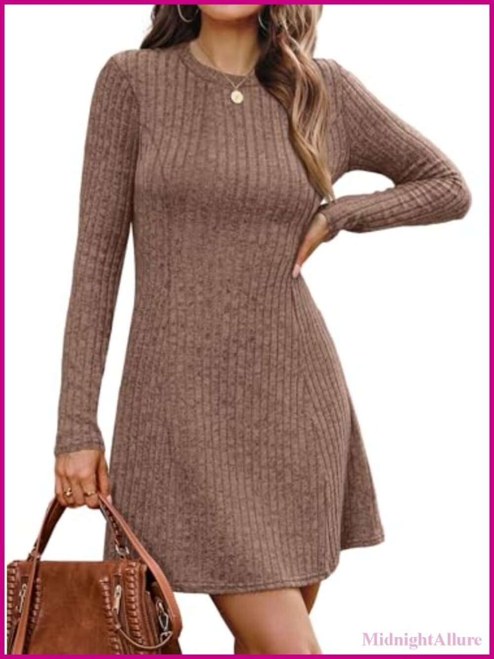 Long Sleeve Crew Neck Sweater Dress Ribbed Knit Bodycon A-Line Casual